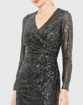 Black and Silver Sequined Faux Wrap V Neck Long Sleeve Midi Dress